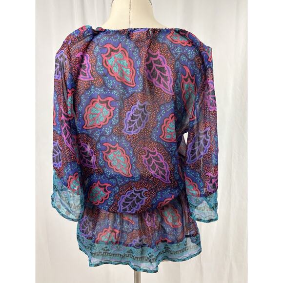 Arden B Smocked Waist Paisley Top Y2K Babydoll Flutter Sleeve Sheer Boho Size M - Picture 7 of 10